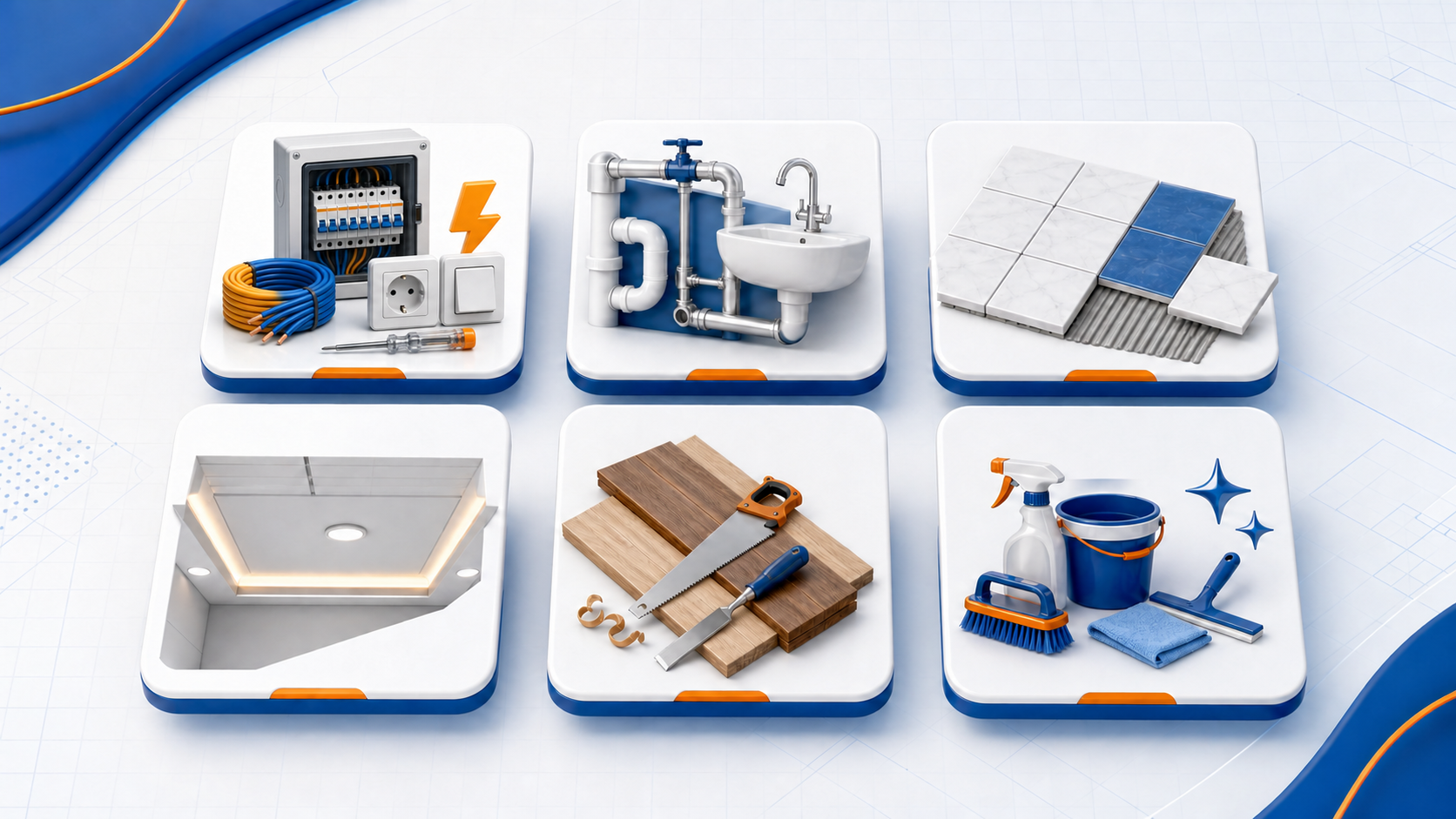 Illustrated technical services categories with electricity, plumbing, tiling, ceiling, carpentry and cleaning